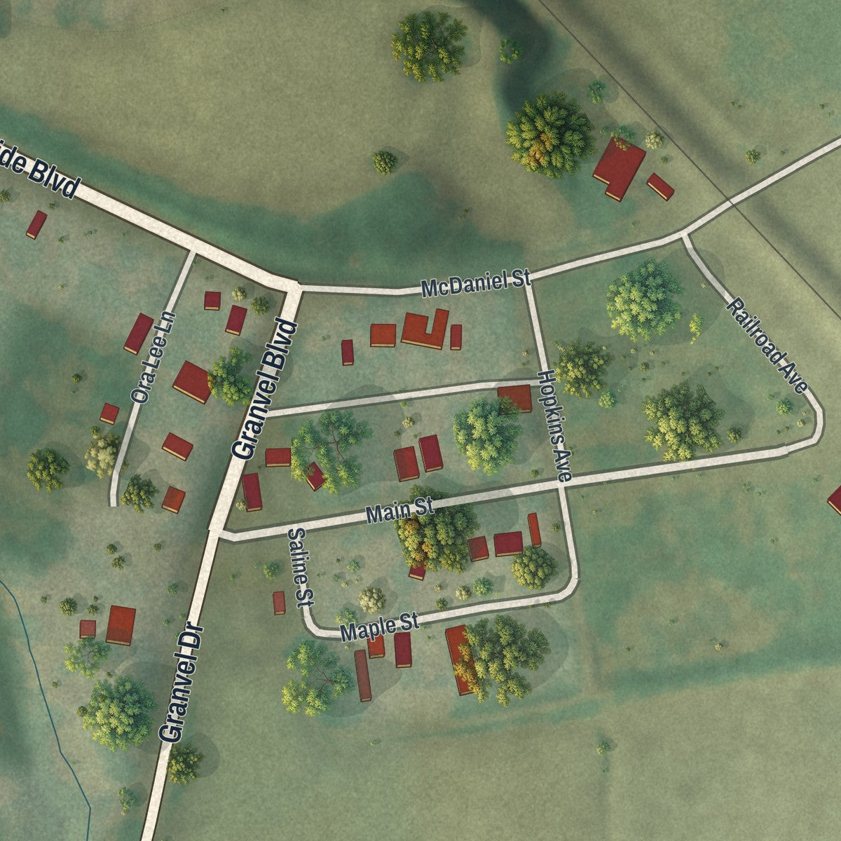 Close-up of the map of Wooldridge, Missouri print showing street and building detail