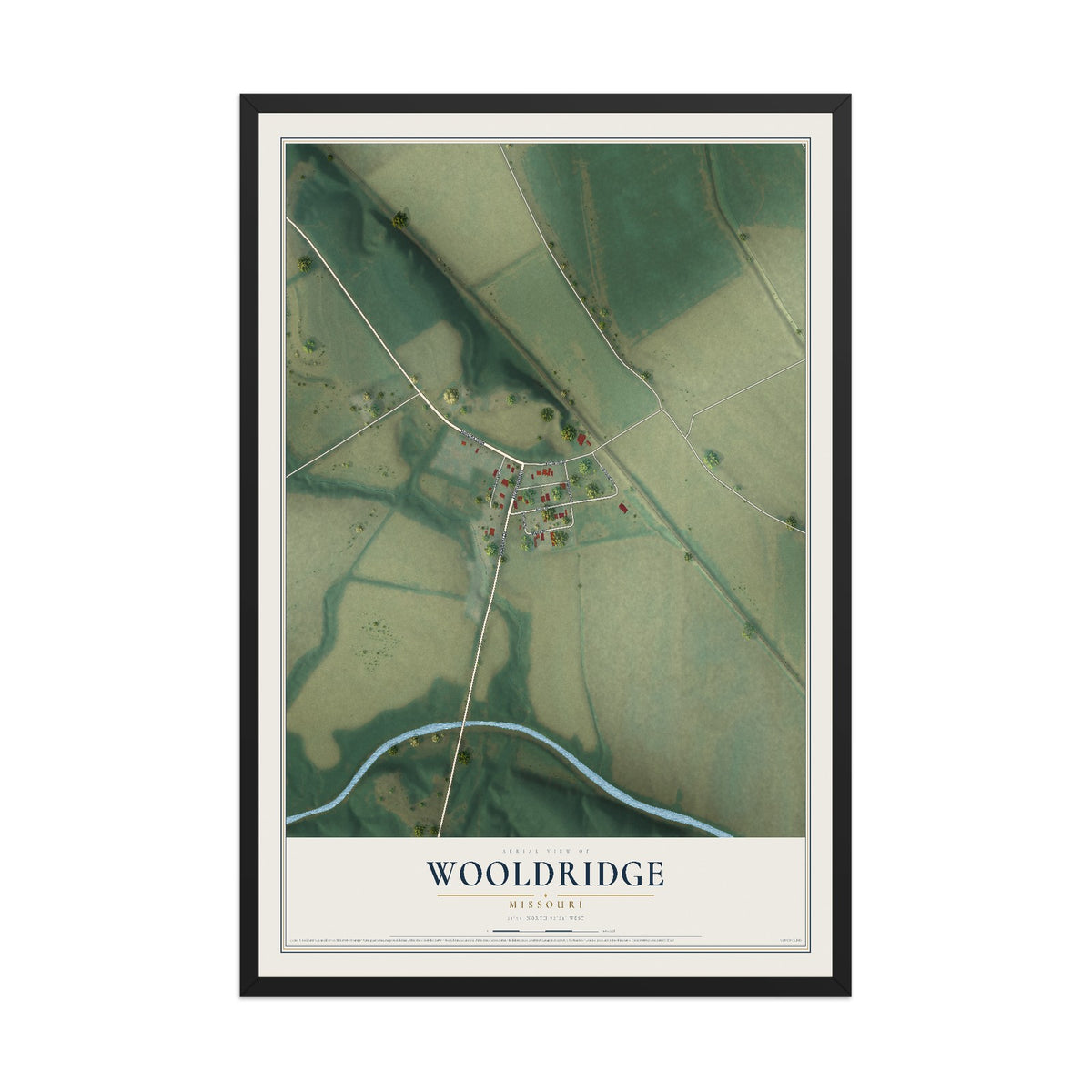 Map of Wooldridge, Missouri, 12 x 18 inch print in a black wood frame