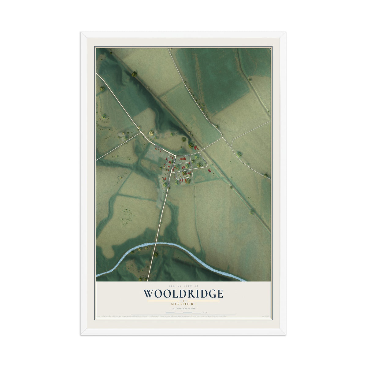 Map of Wooldridge, Missouri, 12 x 18 inch print in a white wood frame