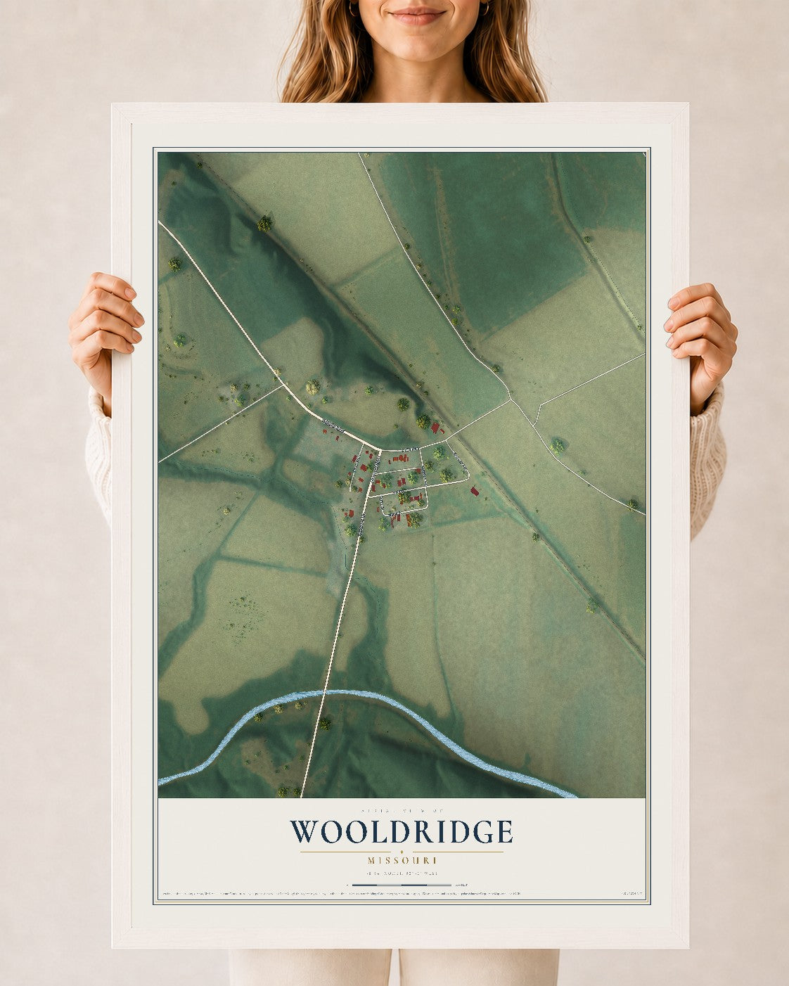 Map of Wooldridge, Missouri, 24 x 36 inch print in a white wood frame