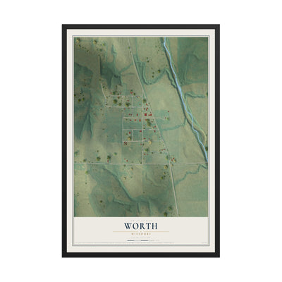 Map of Worth, Missouri, 12 x 18 inch print in a black wood frame