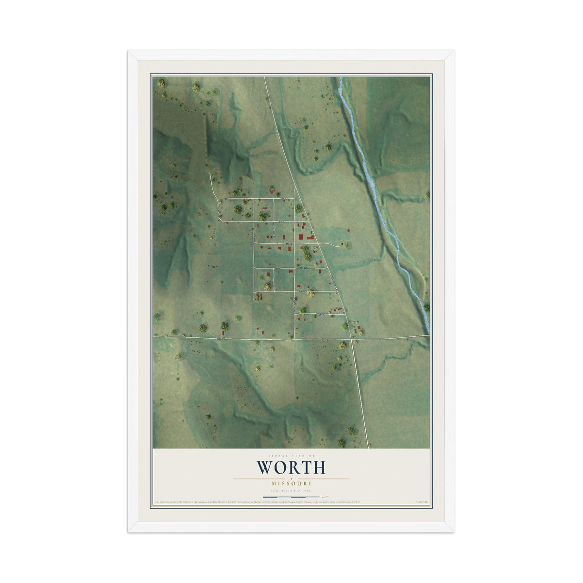 Map of Worth, Missouri, 12 x 18 inch print in a white wood frame