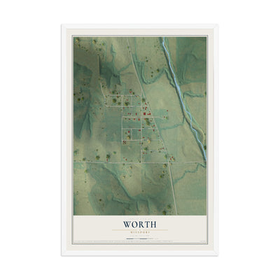 Map of Worth, Missouri, 12 x 18 inch print in a white wood frame