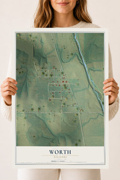 Map of Worth, Missouri, 18 x 24 inch unframed archival matte print