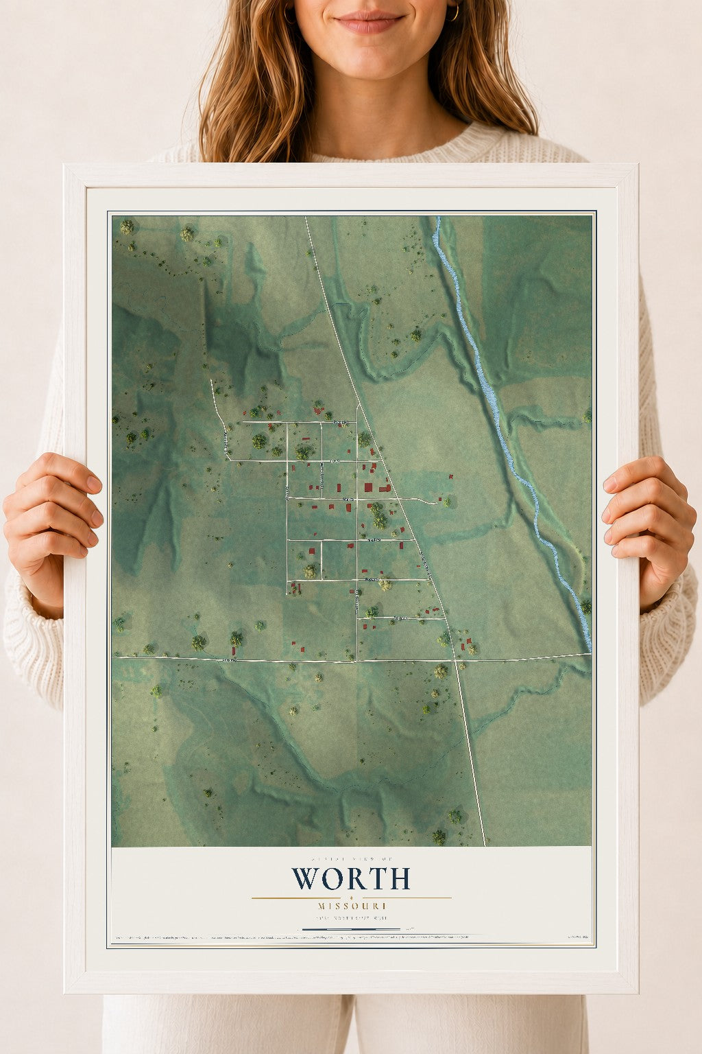 Map of Worth, Missouri, 18 x 24 inch print in a white wood frame