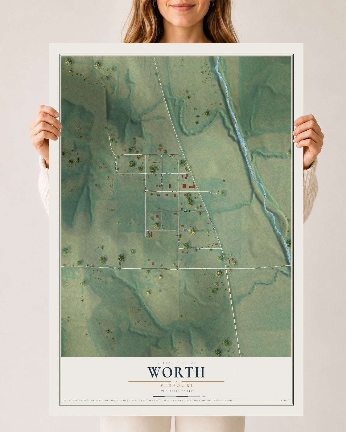 Map of Worth, Missouri, 24 x 36 inch unframed archival matte print