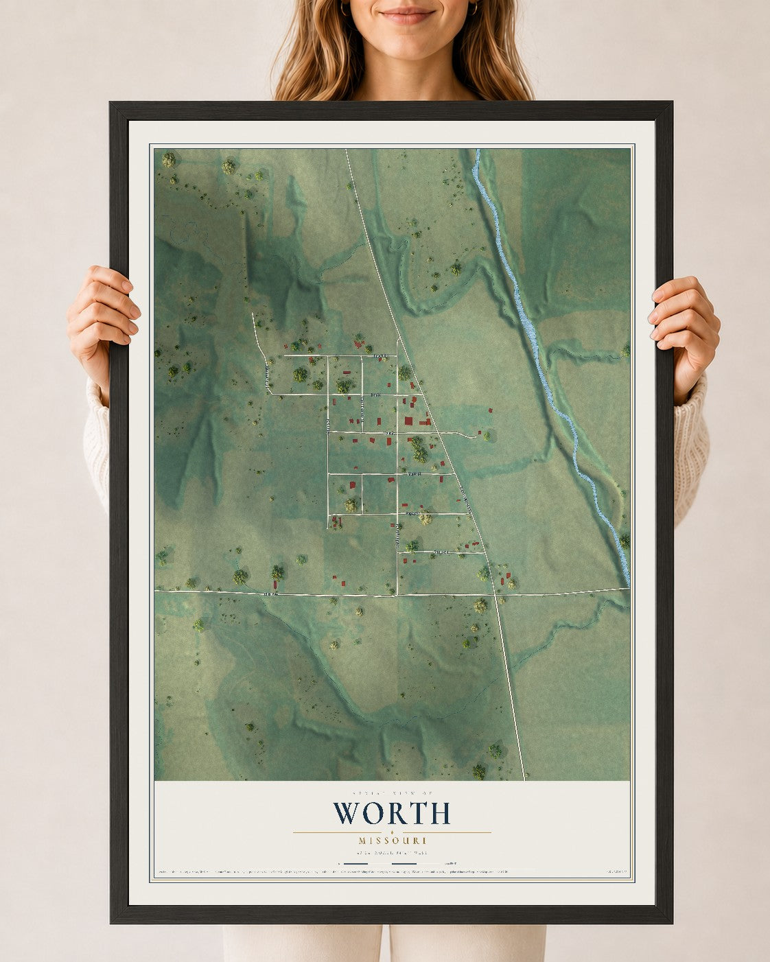 Map of Worth, Missouri, 24 x 36 inch print in a black wood frame