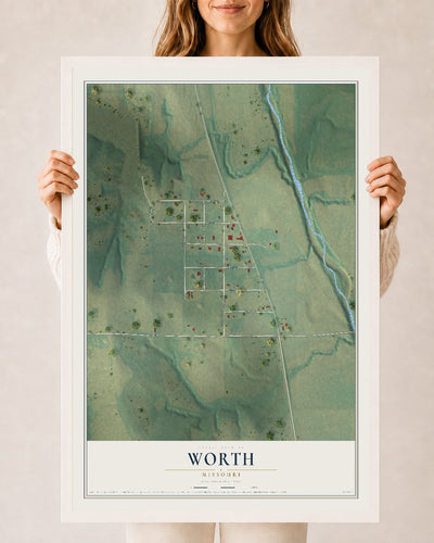 Map of Worth, Missouri, 24 x 36 inch print in a white wood frame