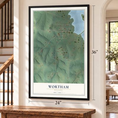 Wortham, Missouri map, 24 x 36 inch print in a black frame by a staircase