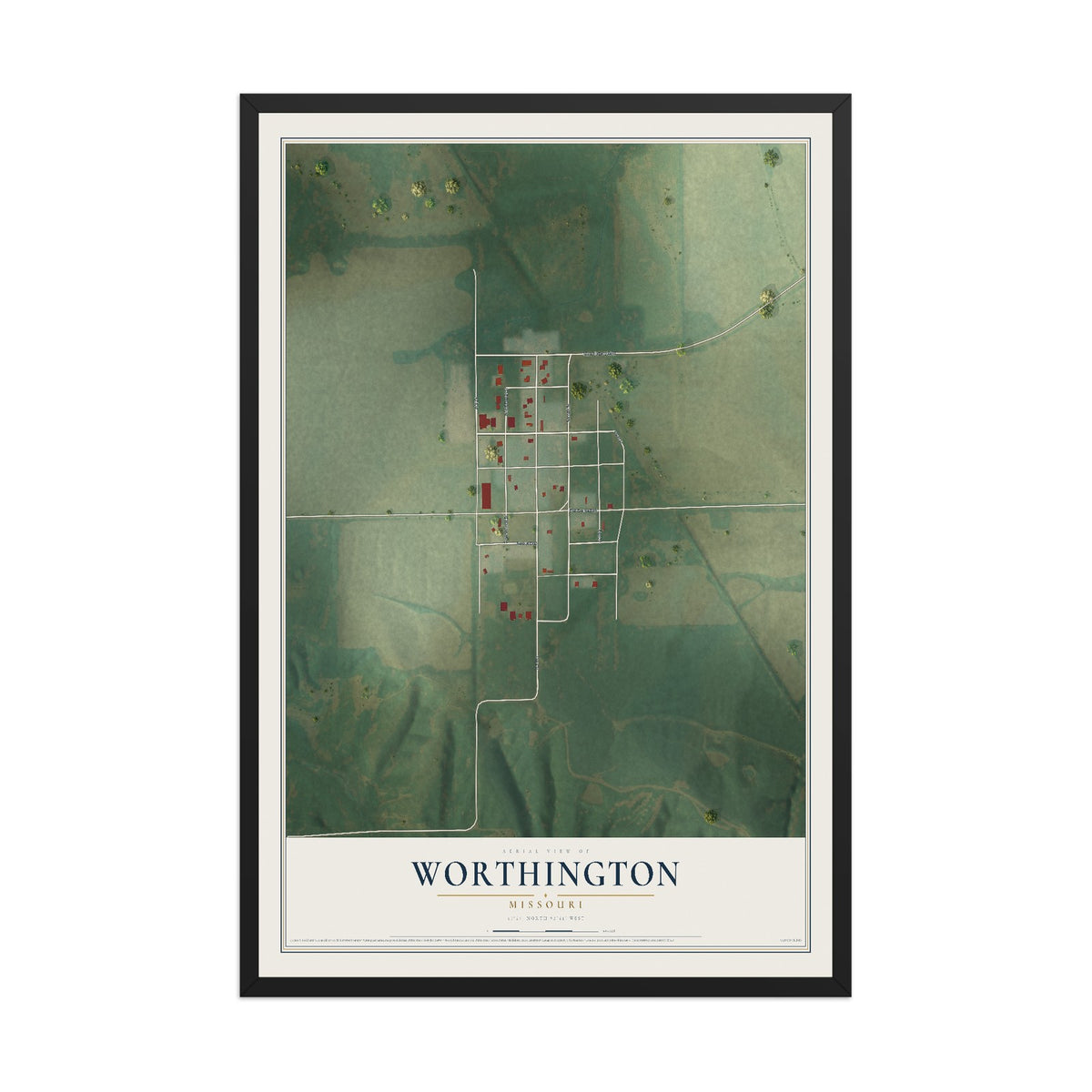 Map of Worthington, Missouri, 12 x 18 inch print in a black wood frame
