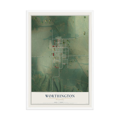 Map of Worthington, Missouri, 12 x 18 inch print in a white wood frame