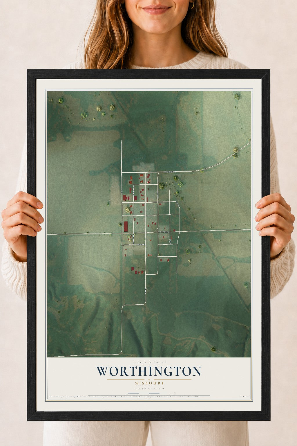 Map of Worthington, Missouri, 18 x 24 inch print in a black wood frame