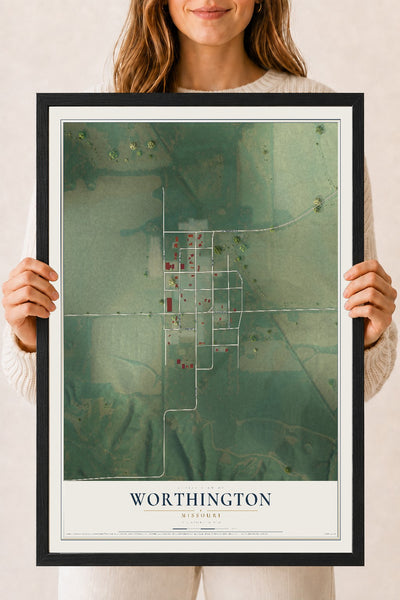 Map of Worthington, Missouri, 18 x 24 inch print in a black wood frame