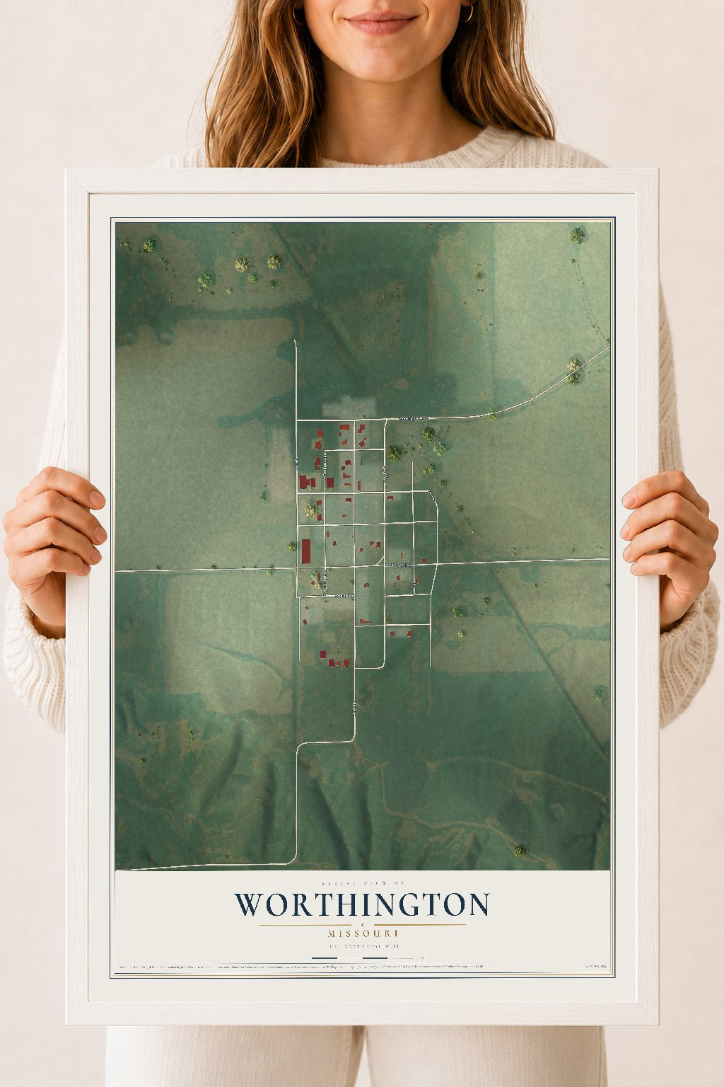 Map of Worthington, Missouri, 18 x 24 inch print in a white wood frame