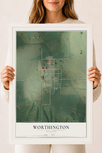 Map of Worthington, Missouri, 18 x 24 inch print in a white wood frame