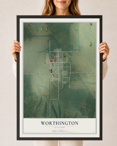 Map of Worthington, Missouri, 24 x 36 inch print in a black wood frame