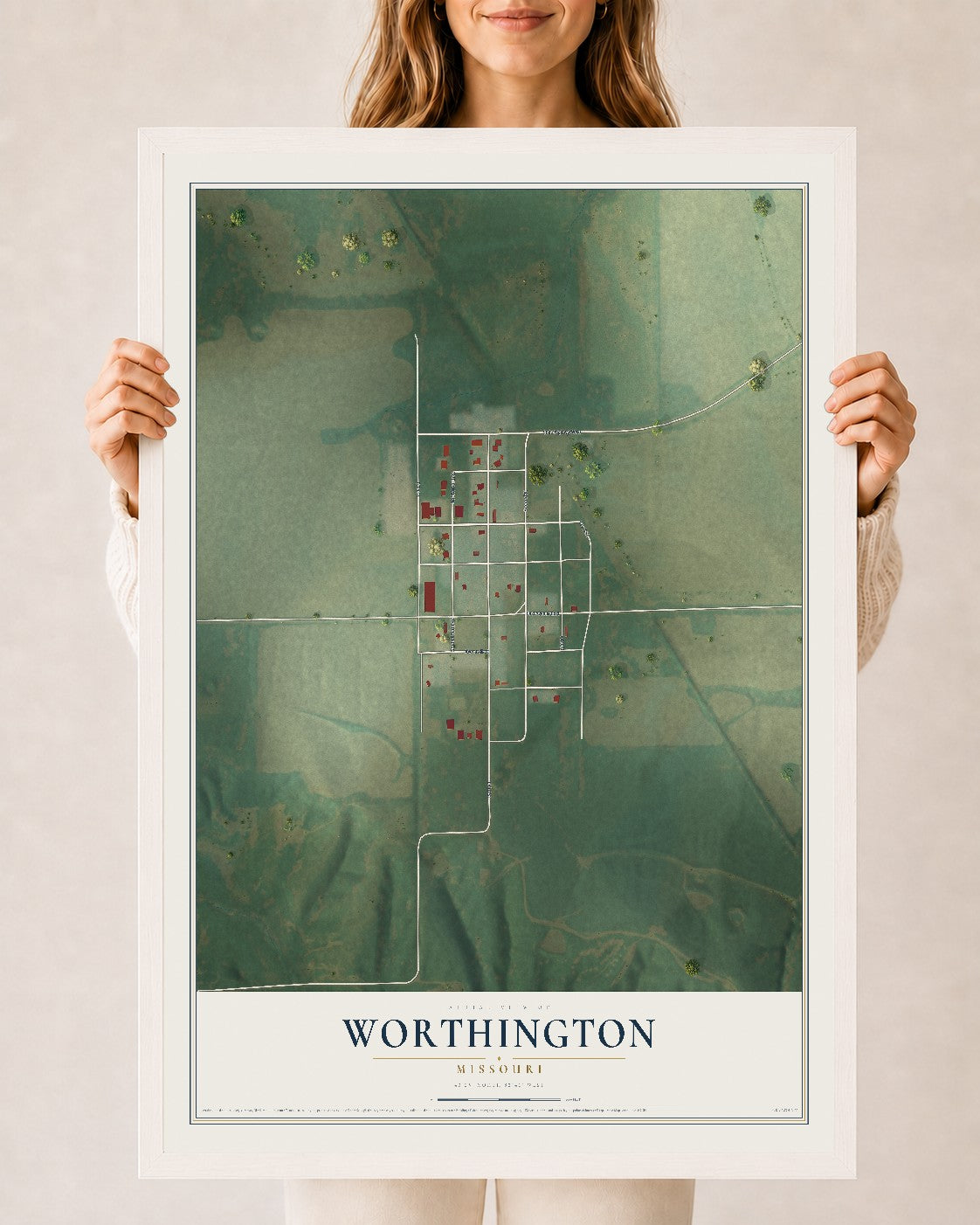 Map of Worthington, Missouri, 24 x 36 inch print in a white wood frame
