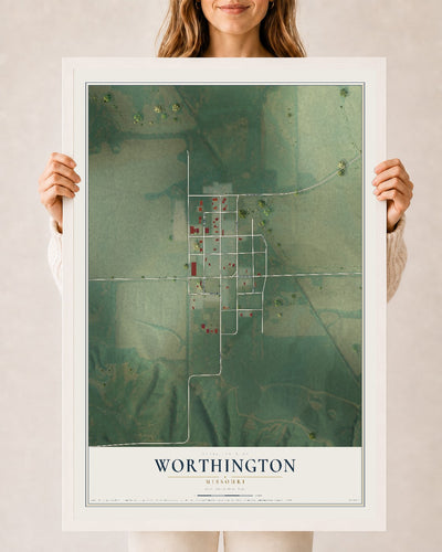 Map of Worthington, Missouri, 24 x 36 inch print in a white wood frame
