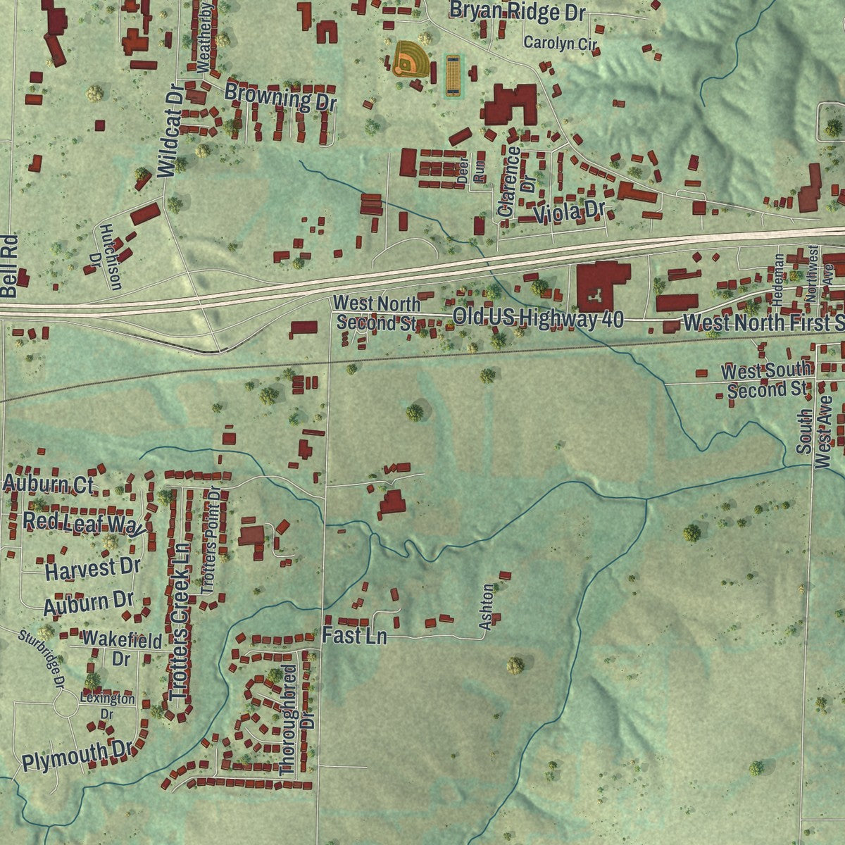 Close-up of the map of Wright City, Missouri print showing street and building detail