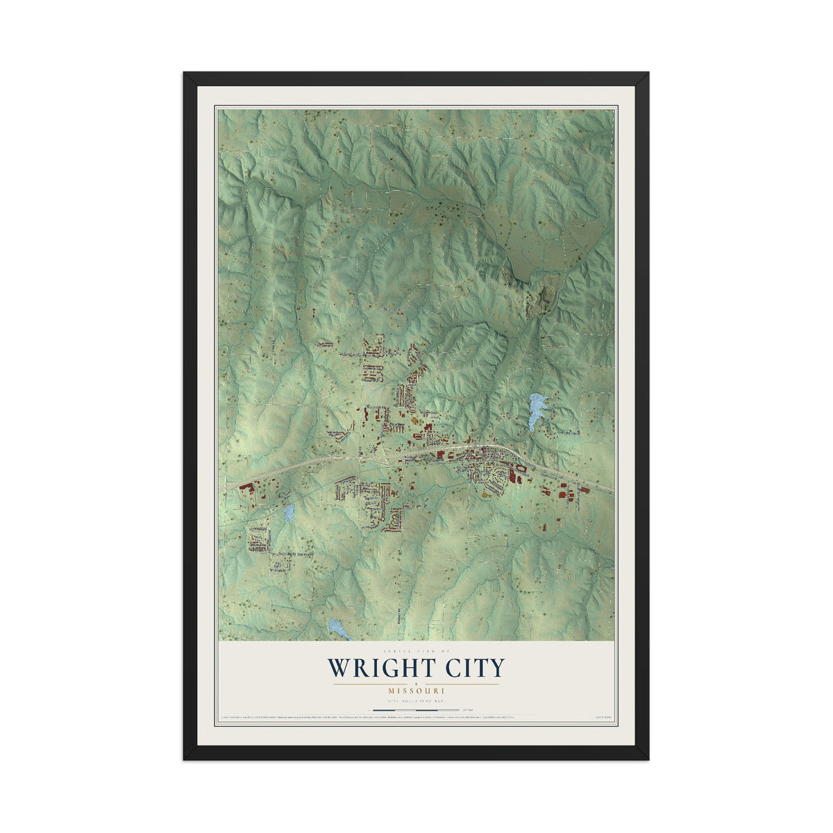 Map of Wright City, Missouri, 12 x 18 inch print in a black wood frame