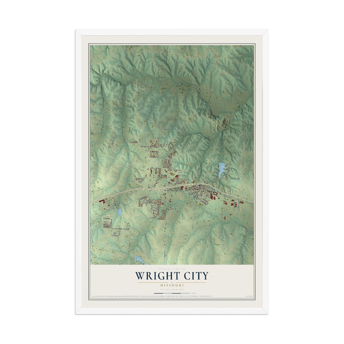Map of Wright City, Missouri, 12 x 18 inch print in a white wood frame