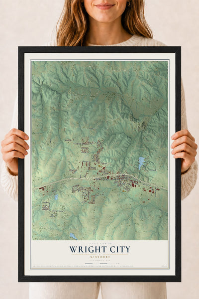 Map of Wright City, Missouri, 18 x 24 inch print in a black wood frame