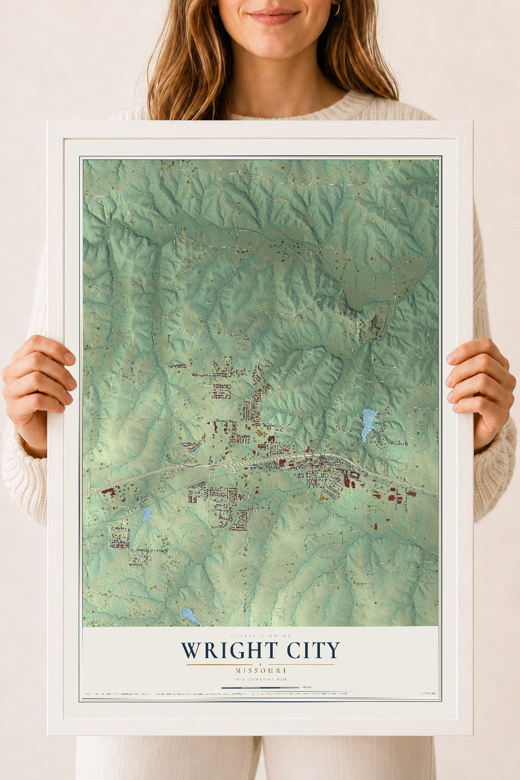 Map of Wright City, Missouri, 18 x 24 inch print in a white wood frame