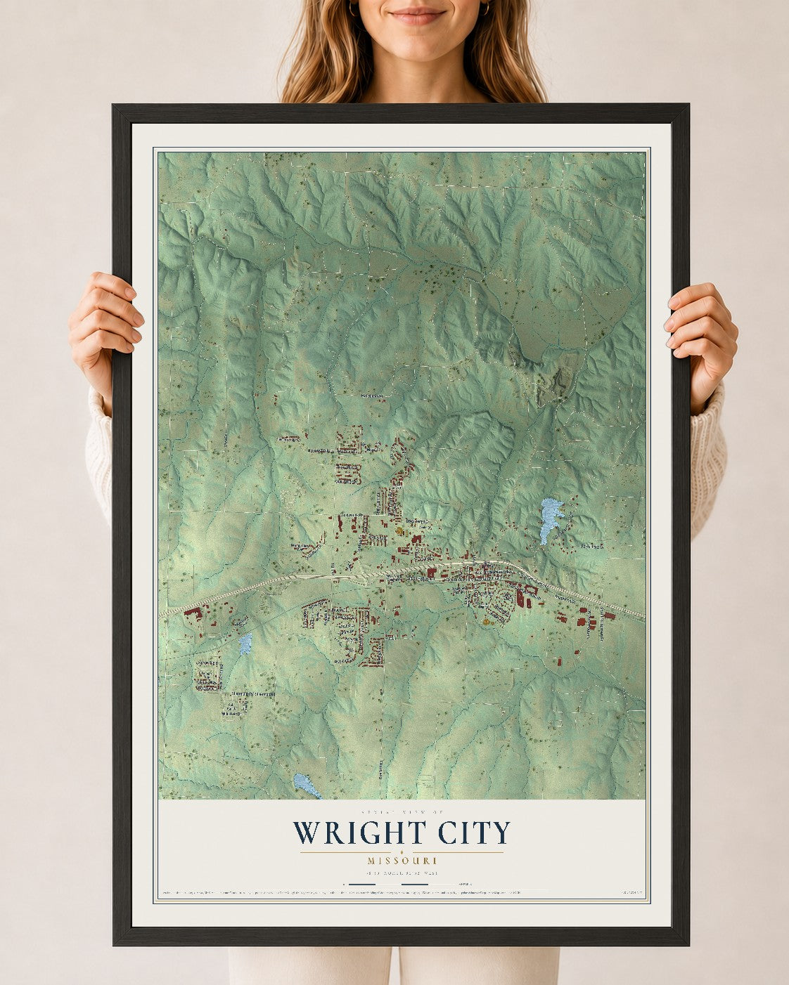 Map of Wright City, Missouri, 24 x 36 inch print in a black wood frame
