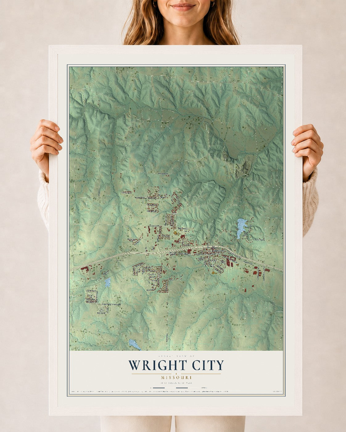 Map of Wright City, Missouri, 24 x 36 inch print in a white wood frame