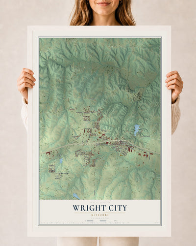 Map of Wright City, Missouri, 24 x 36 inch print in a white wood frame