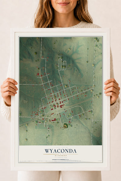 Map of Wyaconda, Missouri, 18 x 24 inch print in a white wood frame