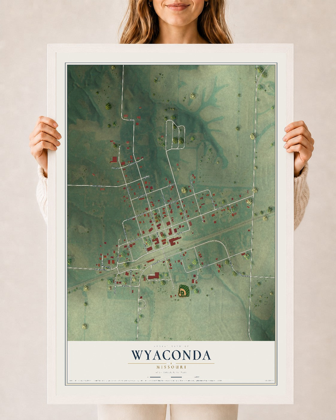 Map of Wyaconda, Missouri, 24 x 36 inch print in a white wood frame
