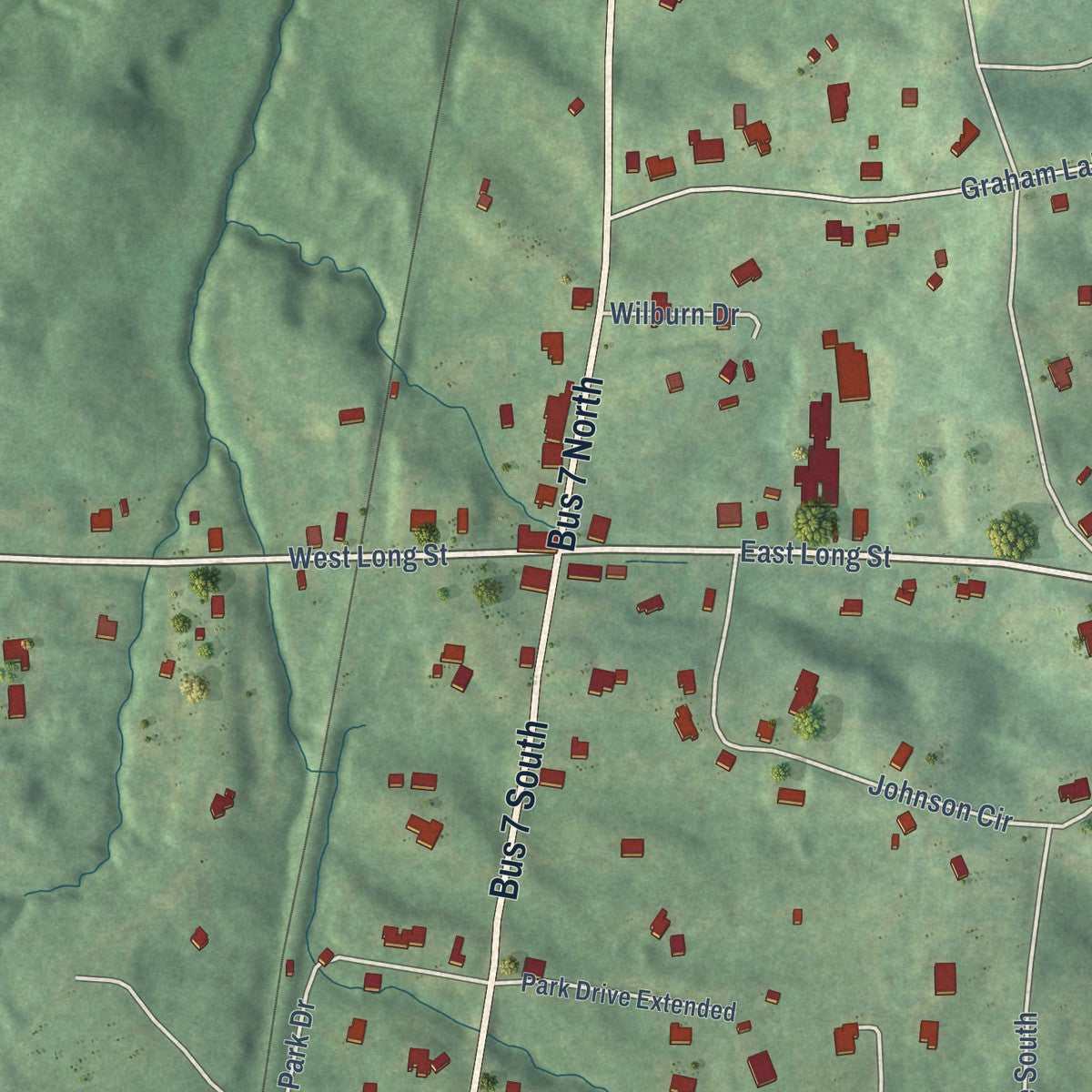 Second close-up of the map of Abbeville, Mississippi print showing more streets and buildings