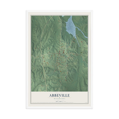 Map of Abbeville, Mississippi, 12 x 18 inch print in a white wood frame