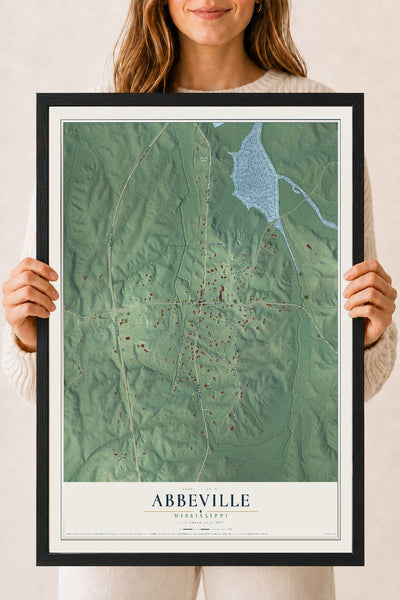 Map of Abbeville, Mississippi, 18 x 24 inch print in a black wood frame