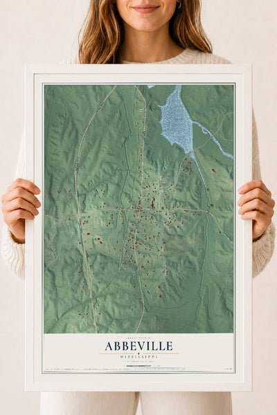 Map of Abbeville, Mississippi, 18 x 24 inch print in a white wood frame