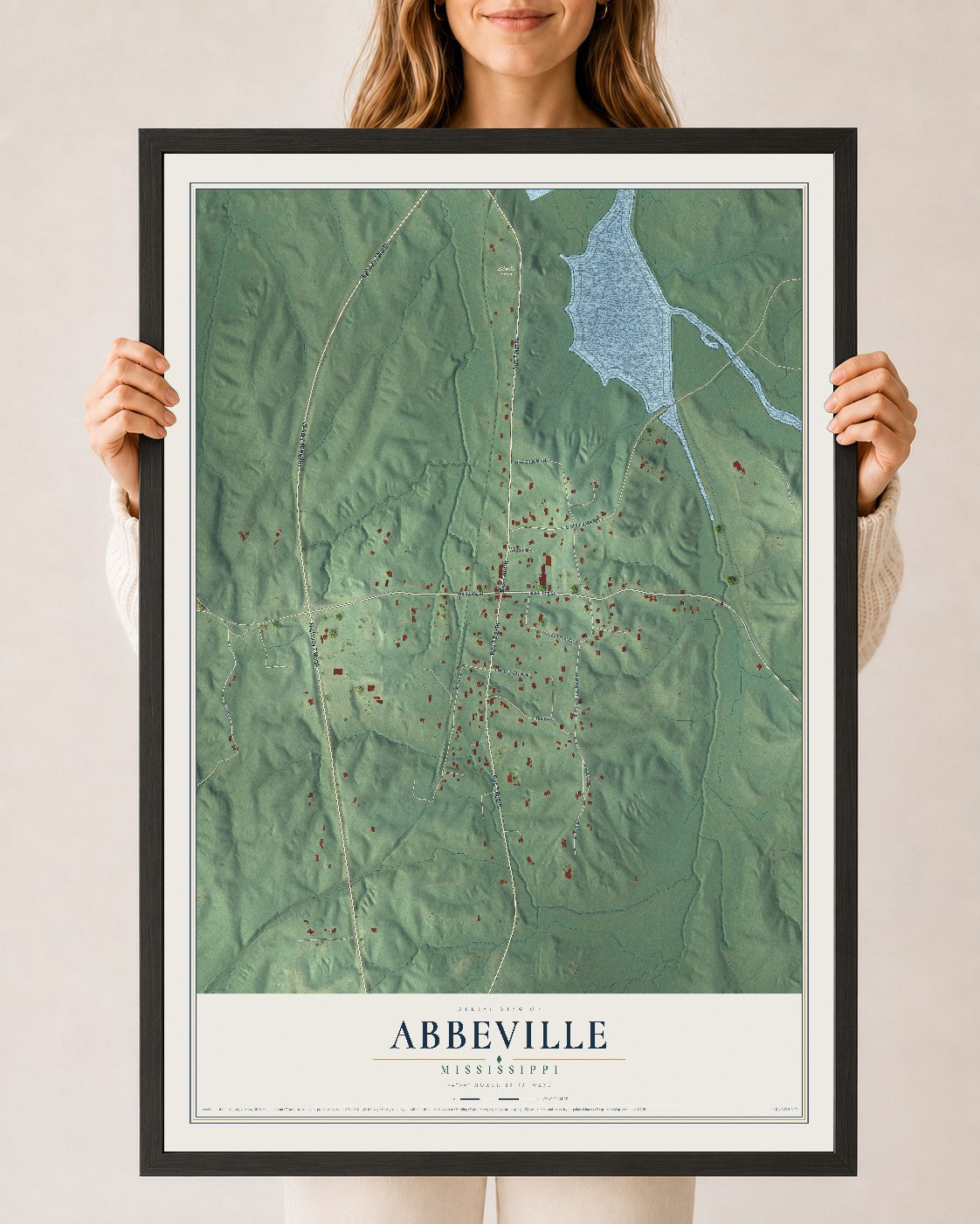Map of Abbeville, Mississippi, 24 x 36 inch print in a black wood frame