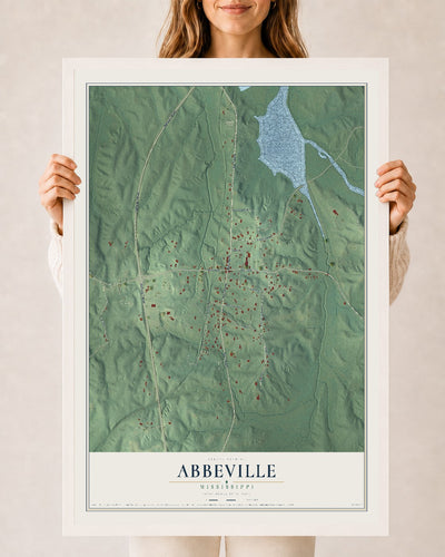 Map of Abbeville, Mississippi, 24 x 36 inch print in a white wood frame