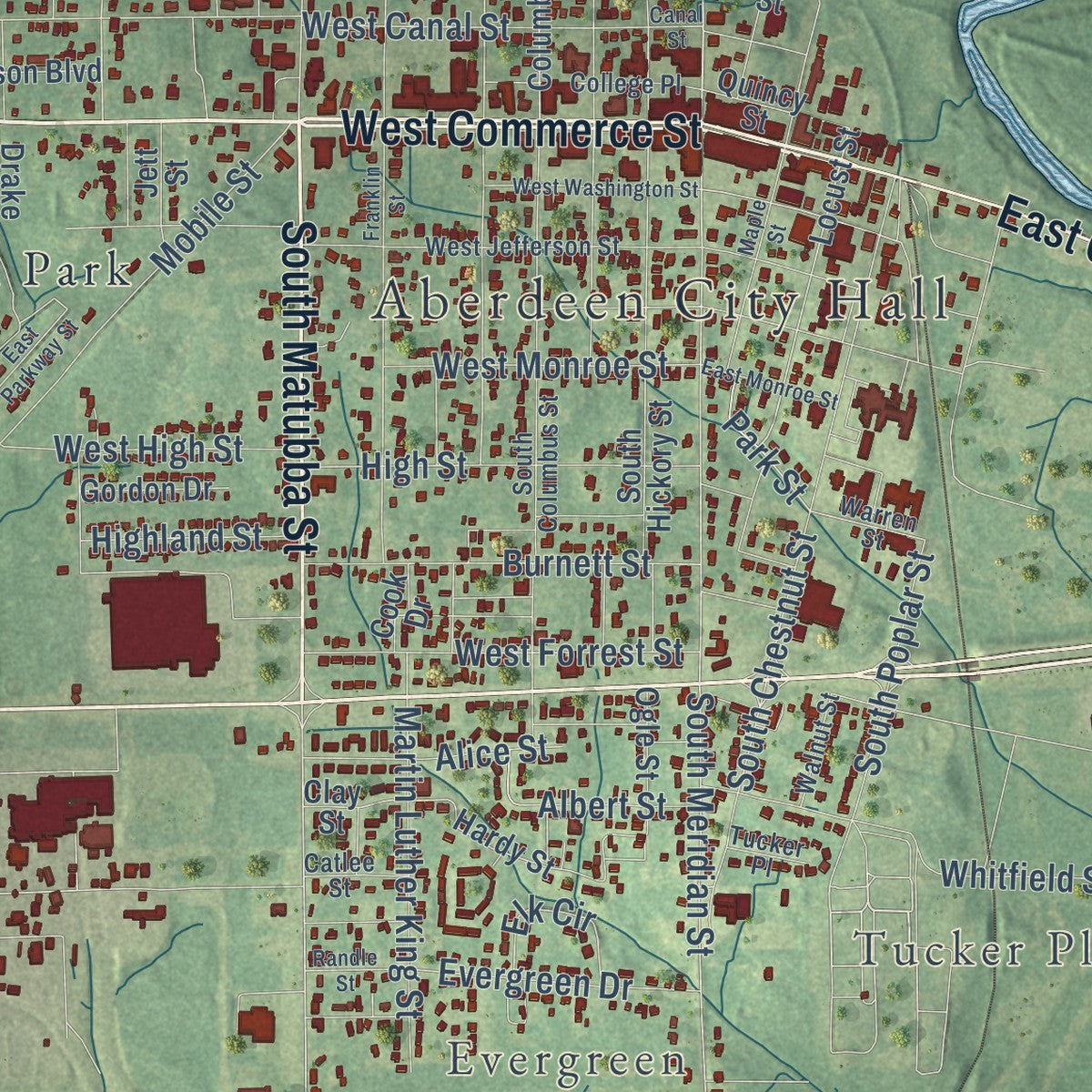 Close-up of the map of Aberdeen, Mississippi print showing street and building detail