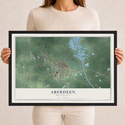 Map of Aberdeen, Mississippi, 12 x 18 inch print in a black wood frame
