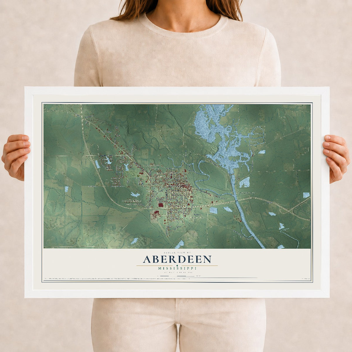 Map of Aberdeen, Mississippi, 12 x 18 inch print in a white wood frame