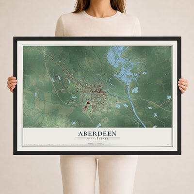 Map of Aberdeen, Mississippi, 24 x 36 inch print in a black wood frame