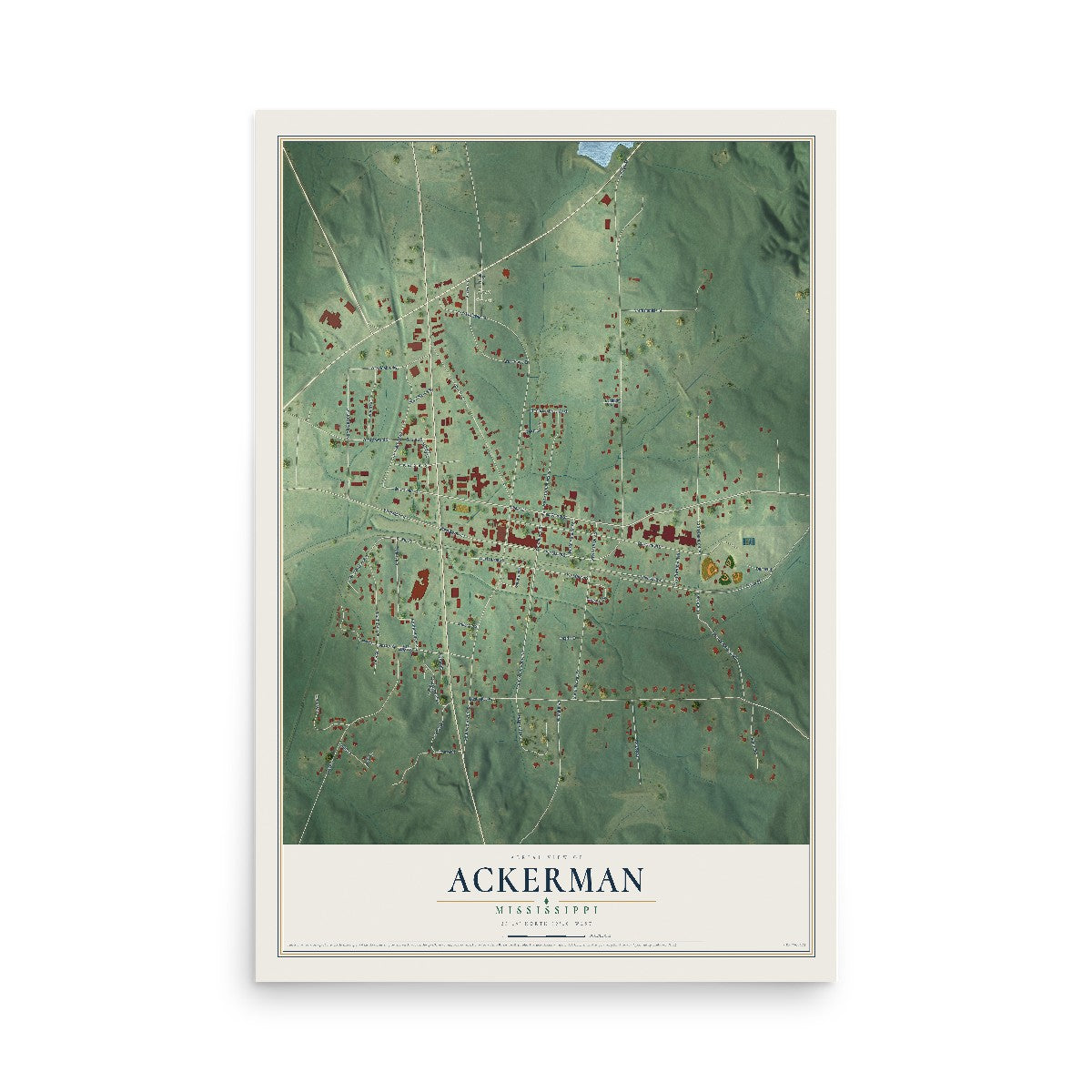 Map of Ackerman, Mississippi, 12 x 18 inch unframed archival matte print