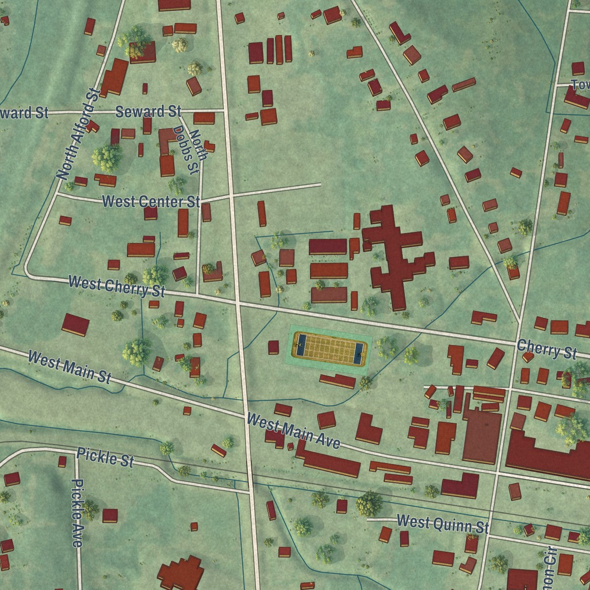 Close-up of the map of Ackerman, Mississippi print showing street and building detail