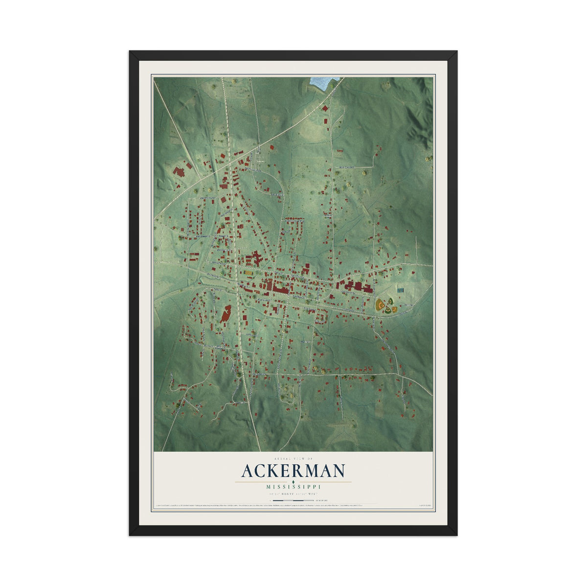 Map of Ackerman, Mississippi, 12 x 18 inch print in a black wood frame