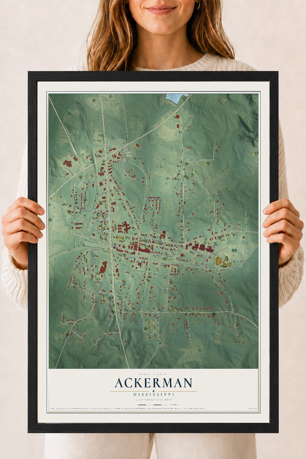 Map of Ackerman, Mississippi, 18 x 24 inch print in a black wood frame