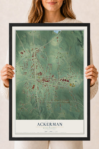 Map of Ackerman, Mississippi, 18 x 24 inch print in a black wood frame