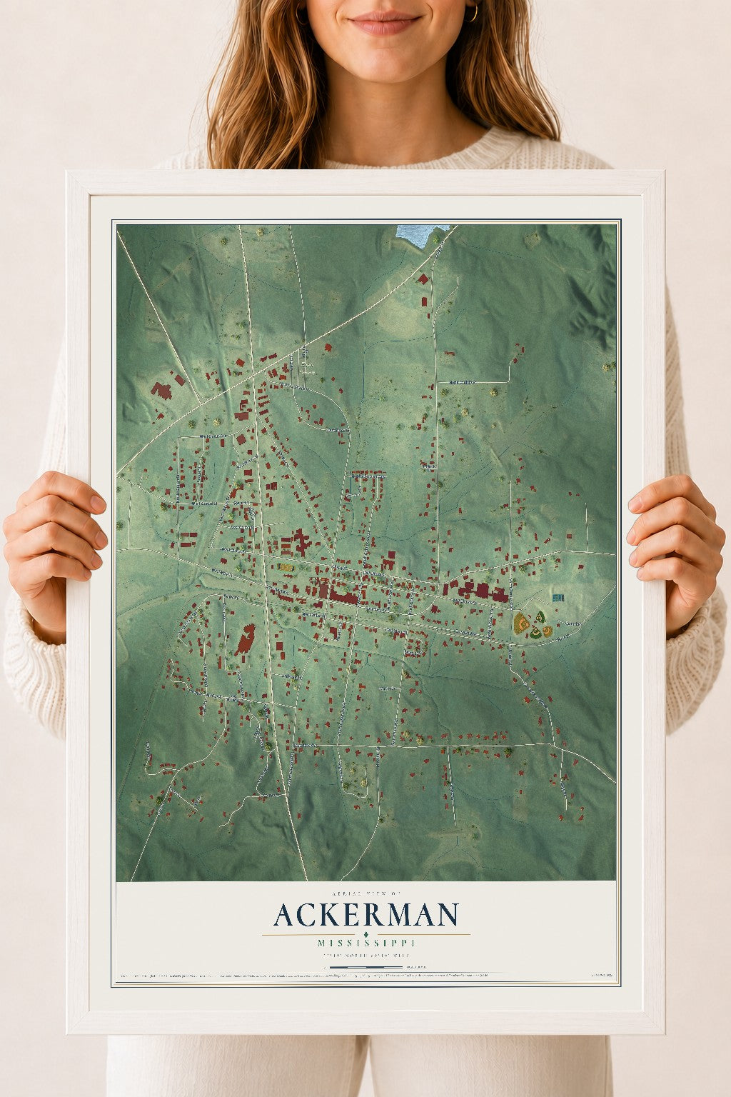Map of Ackerman, Mississippi, 18 x 24 inch print in a white wood frame