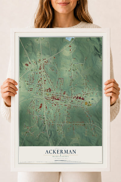 Map of Ackerman, Mississippi, 18 x 24 inch print in a white wood frame