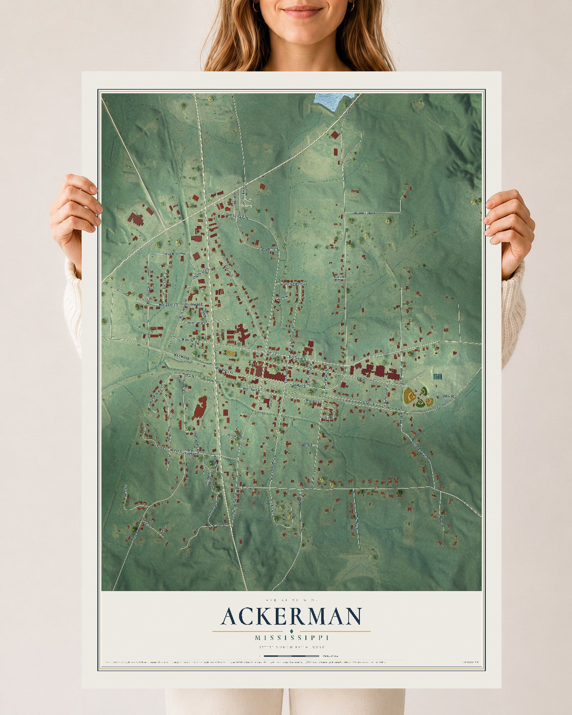 Map of Ackerman, Mississippi, 24 x 36 inch unframed archival matte print